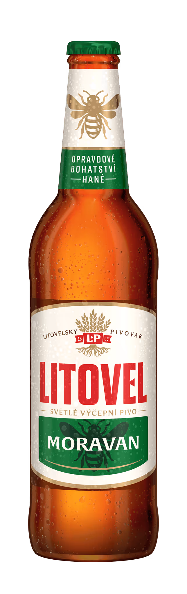 Lahvové pivo Litovel Moravan s nápisem Opravdové bohatství Hané a obrázkem včely na etiketě.