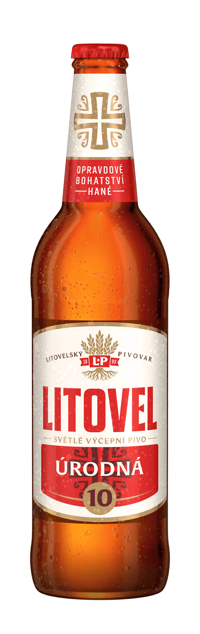 Lahvové světlé výčepní pivo Litovel Úrodná 10 s červeným a bílým štítkem a kapkou vody na lahvi.