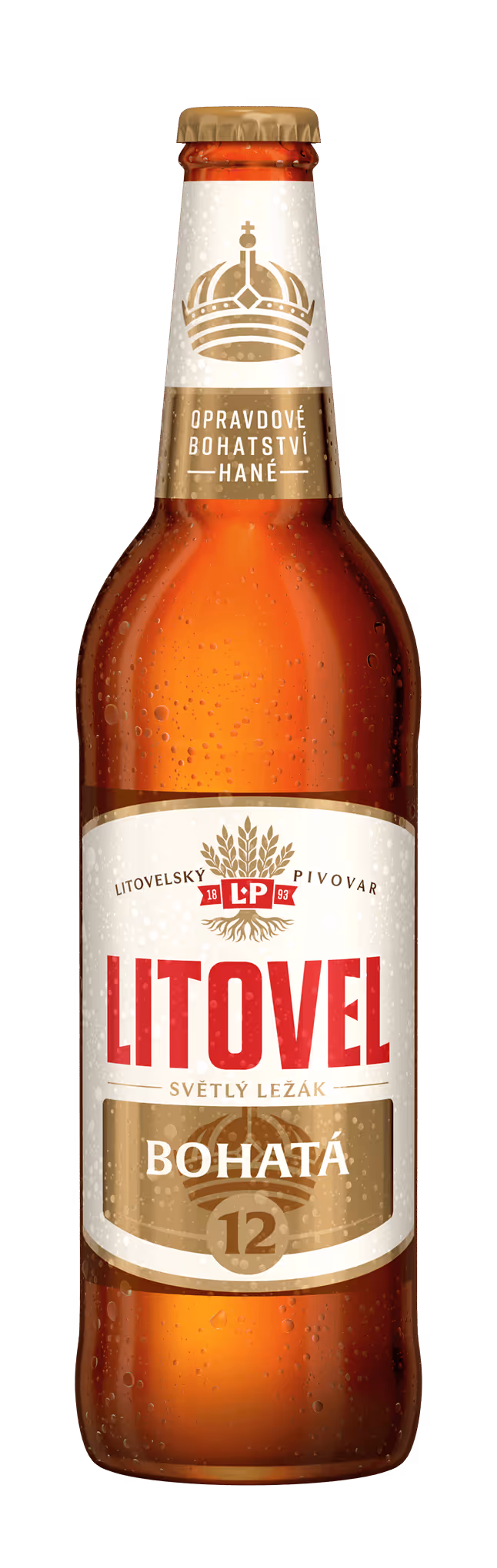 Lahvové pivo Litovel světlý ležák Bohatá 12 s kapkami vody na lahvi.