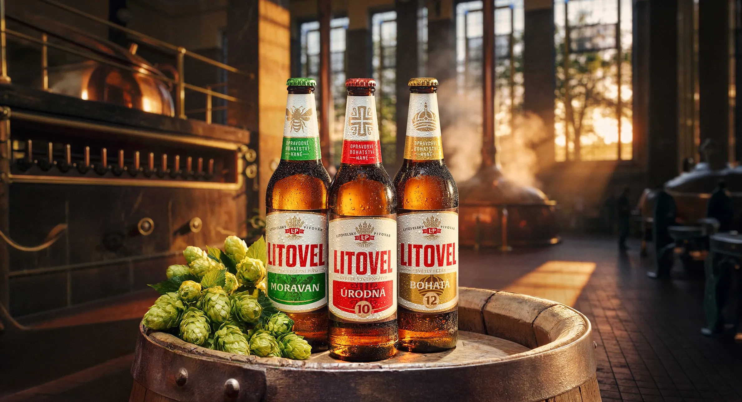 Tři lahve piva Litovel Moravan, Úrodná a Bohatá na sudu s chmelem v pivovaru za soumraku.