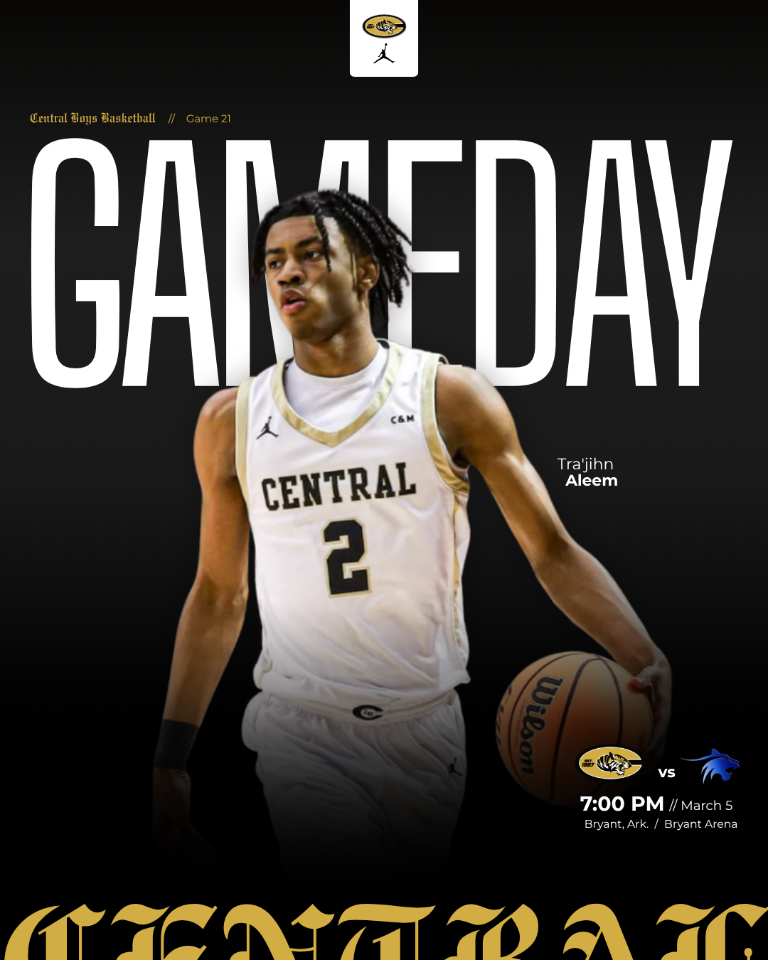 Little Rock Central boys basketball game-day graphic featuring Tra'jihn Aleem