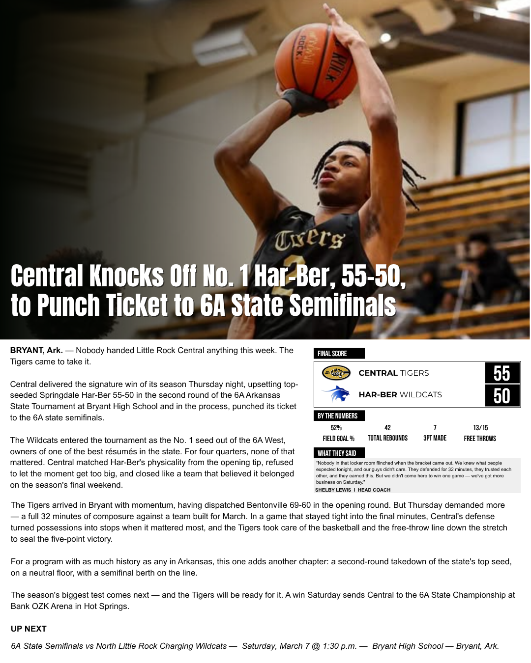 Little Rock Central game recap graphic for a 55 to 50 postseason win over Har-Ber
