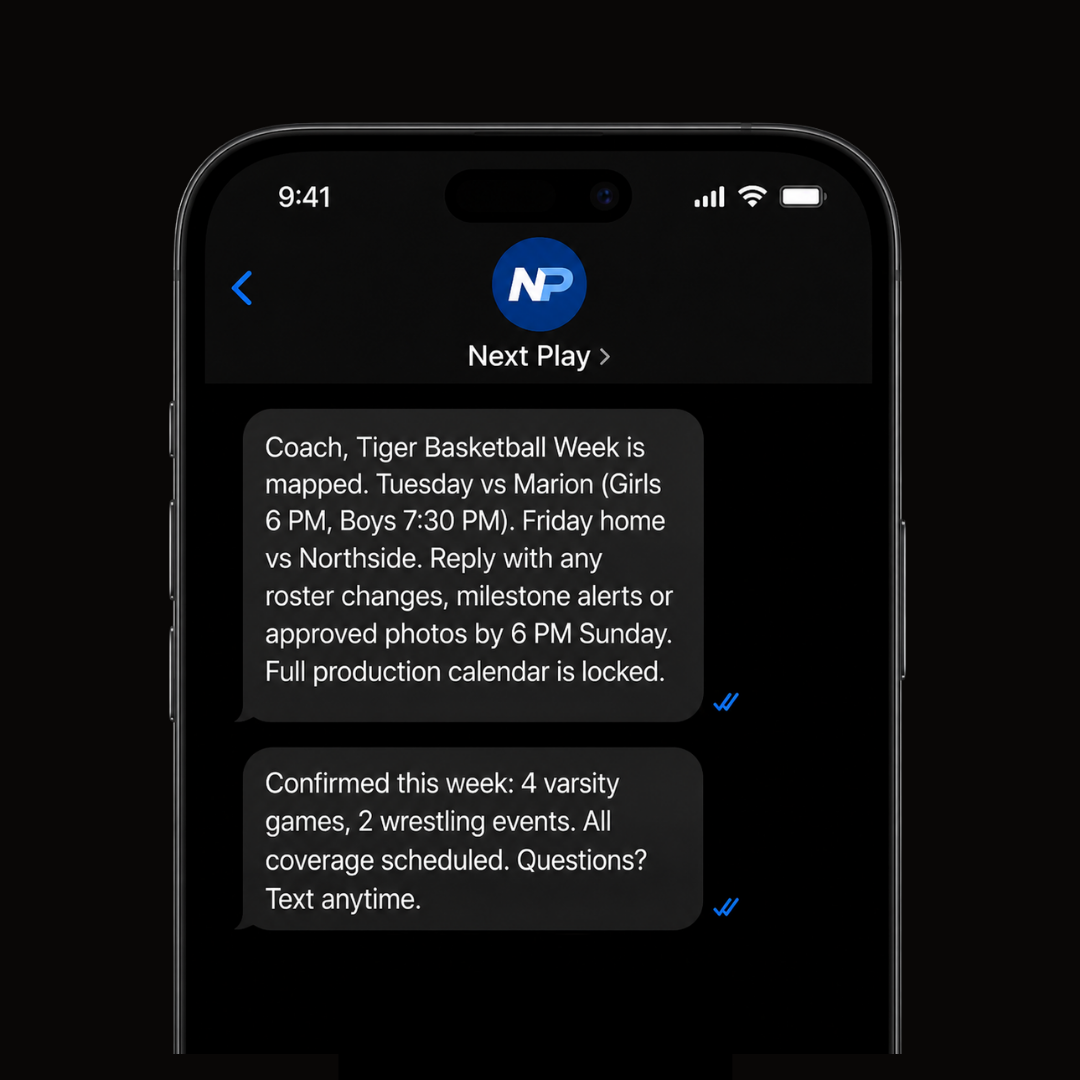 Text message thread between Next Play and a Central coach