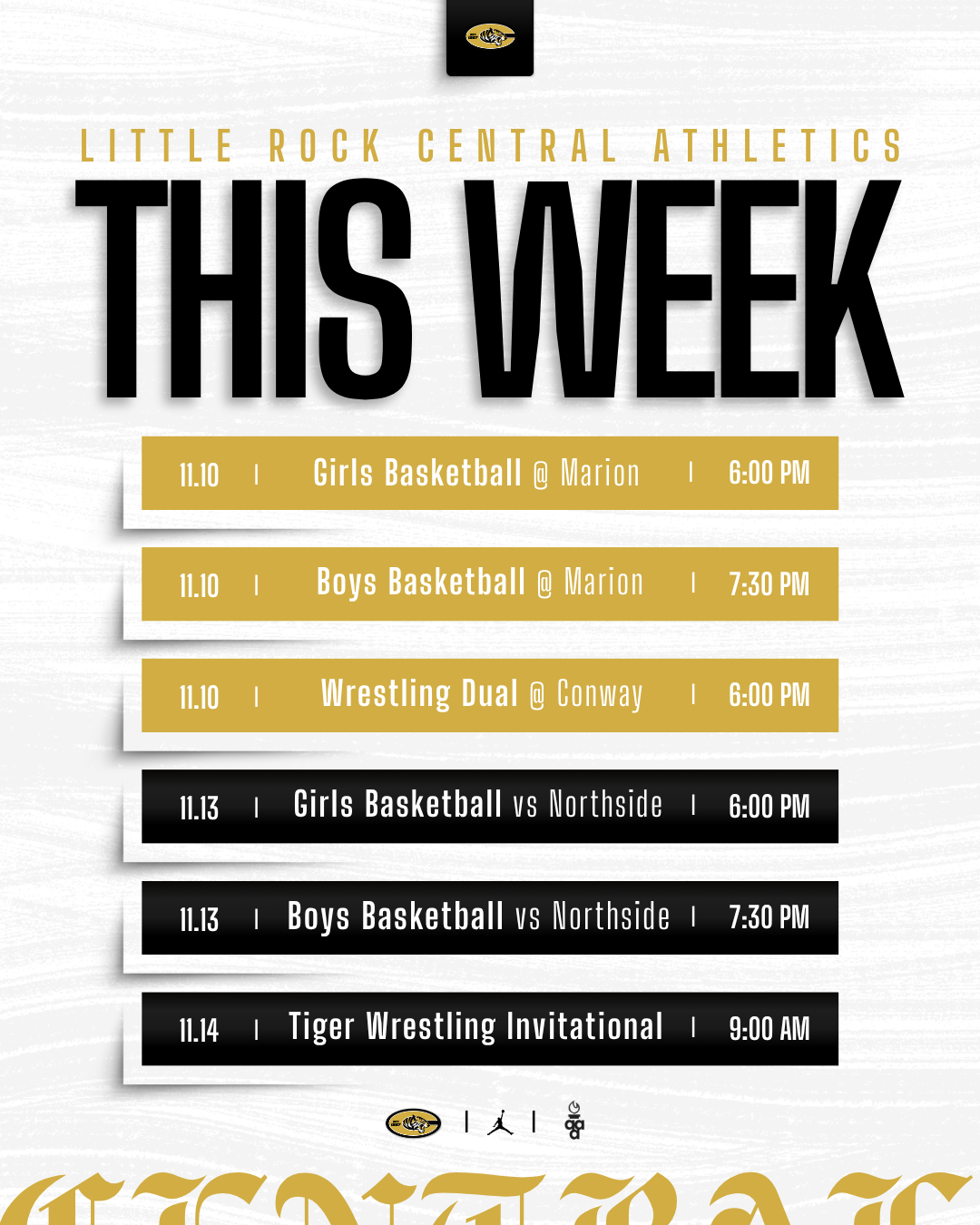 Little Rock Central Athletics weekly schedule graphic featuring tennis, volleyball and football