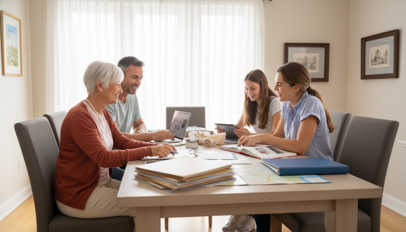 Senior transition specialist reviewing a customized downsizing plan with a family in their Orange County home