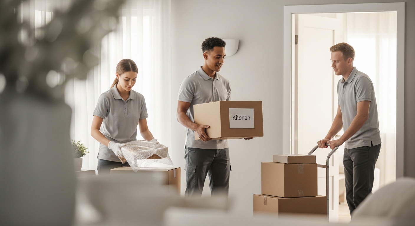 Senior move management team carefully packing and coordinating a home move in Orange County, California