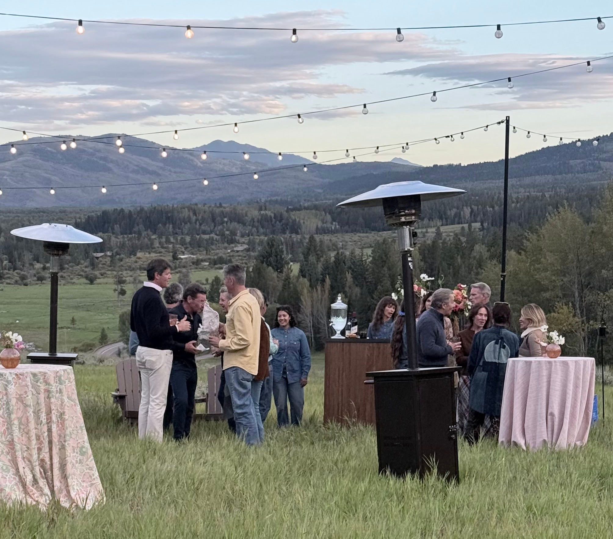 Guests gathered for cocktails in the meadow under string lights, the mountains behind.