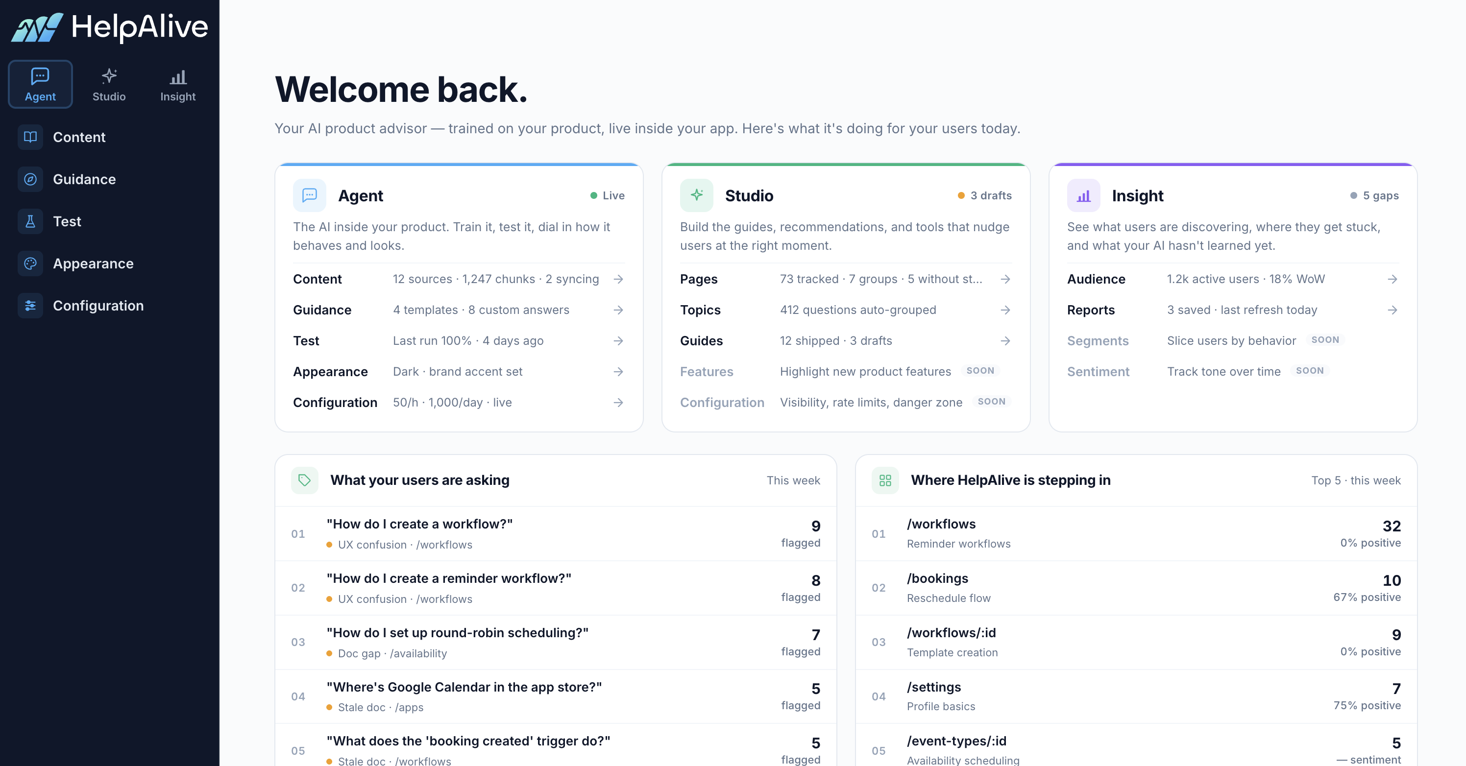 HelpAlive app homepage with some insights
