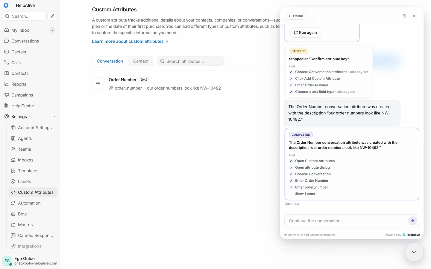 Store order numbers on every chat — HelpAlive demo in a customer support app