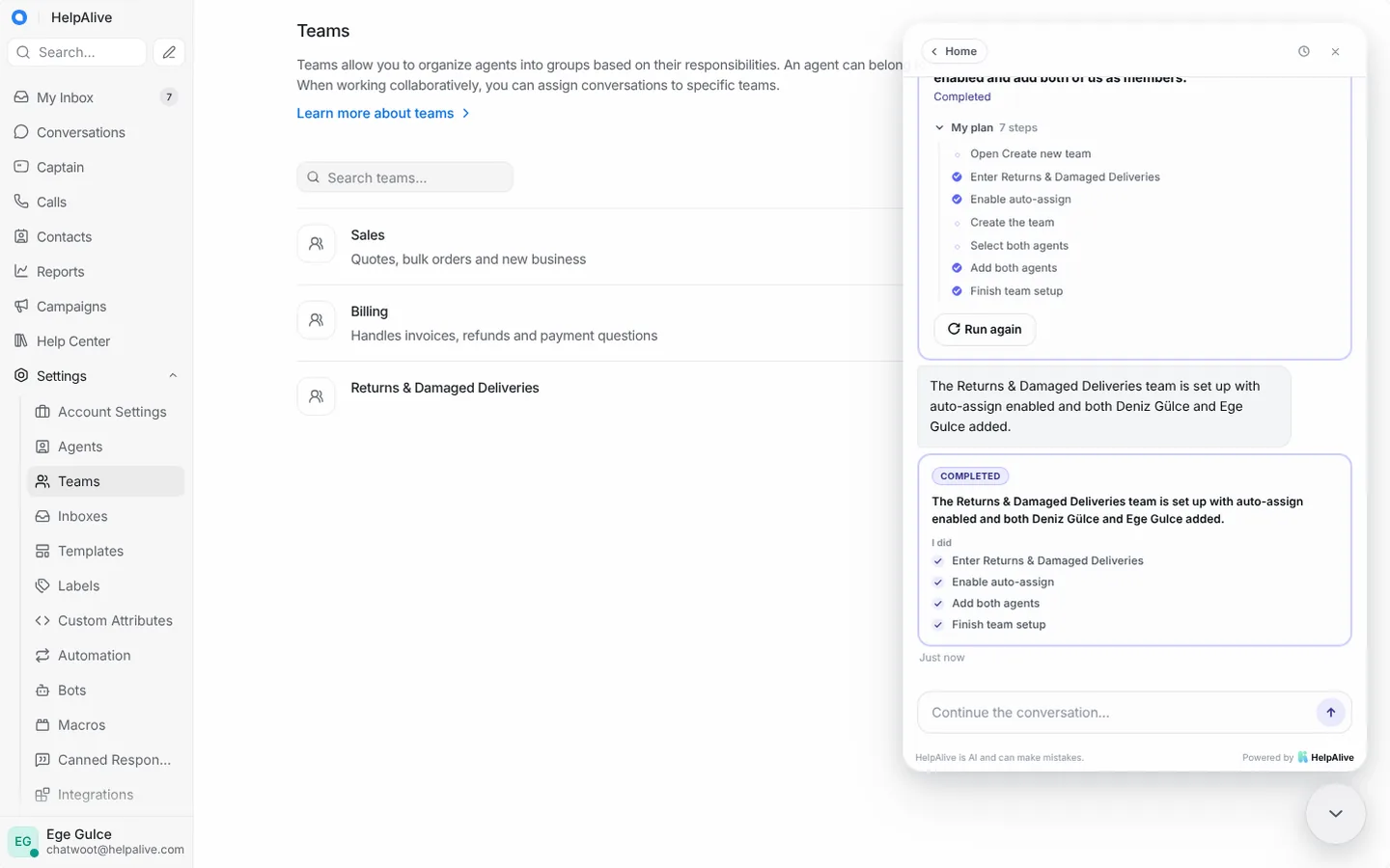 Route returns to the right people — HelpAlive demo in a customer support app