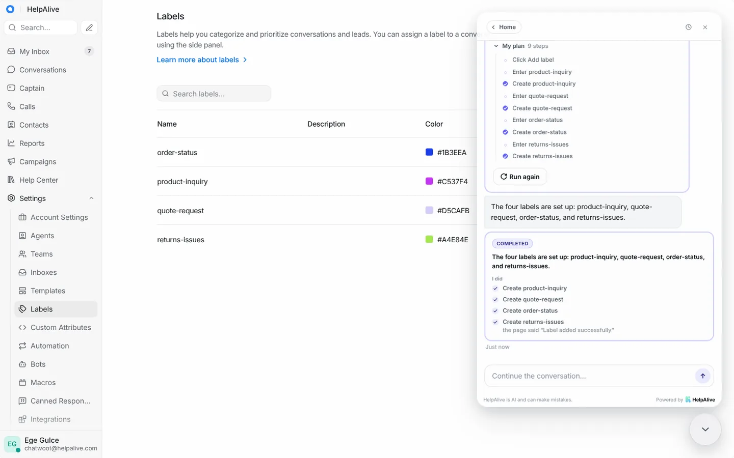 Pick your first labels with an expert — HelpAlive demo in a customer support app
