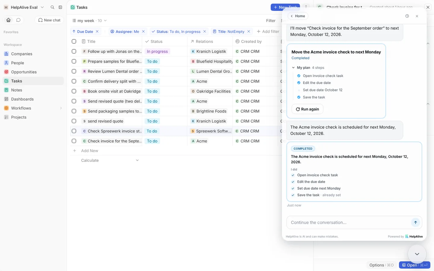 Ask about your week — HelpAlive demo in a CRM