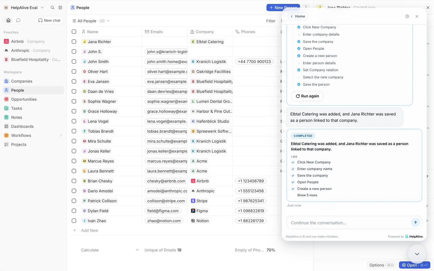 Add a company and its contact — HelpAlive demo in a CRM