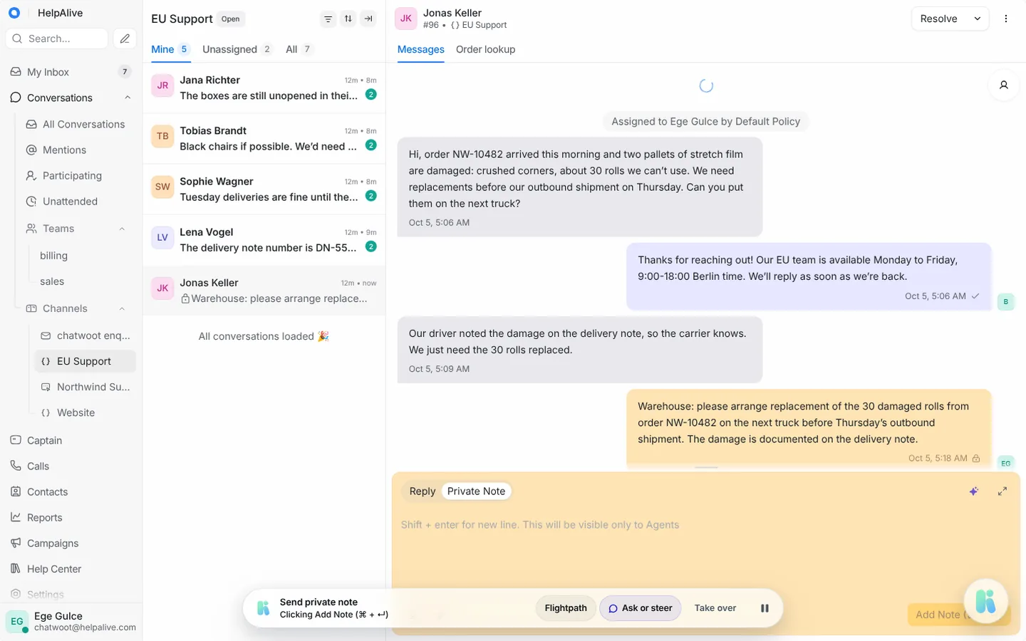 Brief the warehouse, not the customer — HelpAlive demo in a customer support app