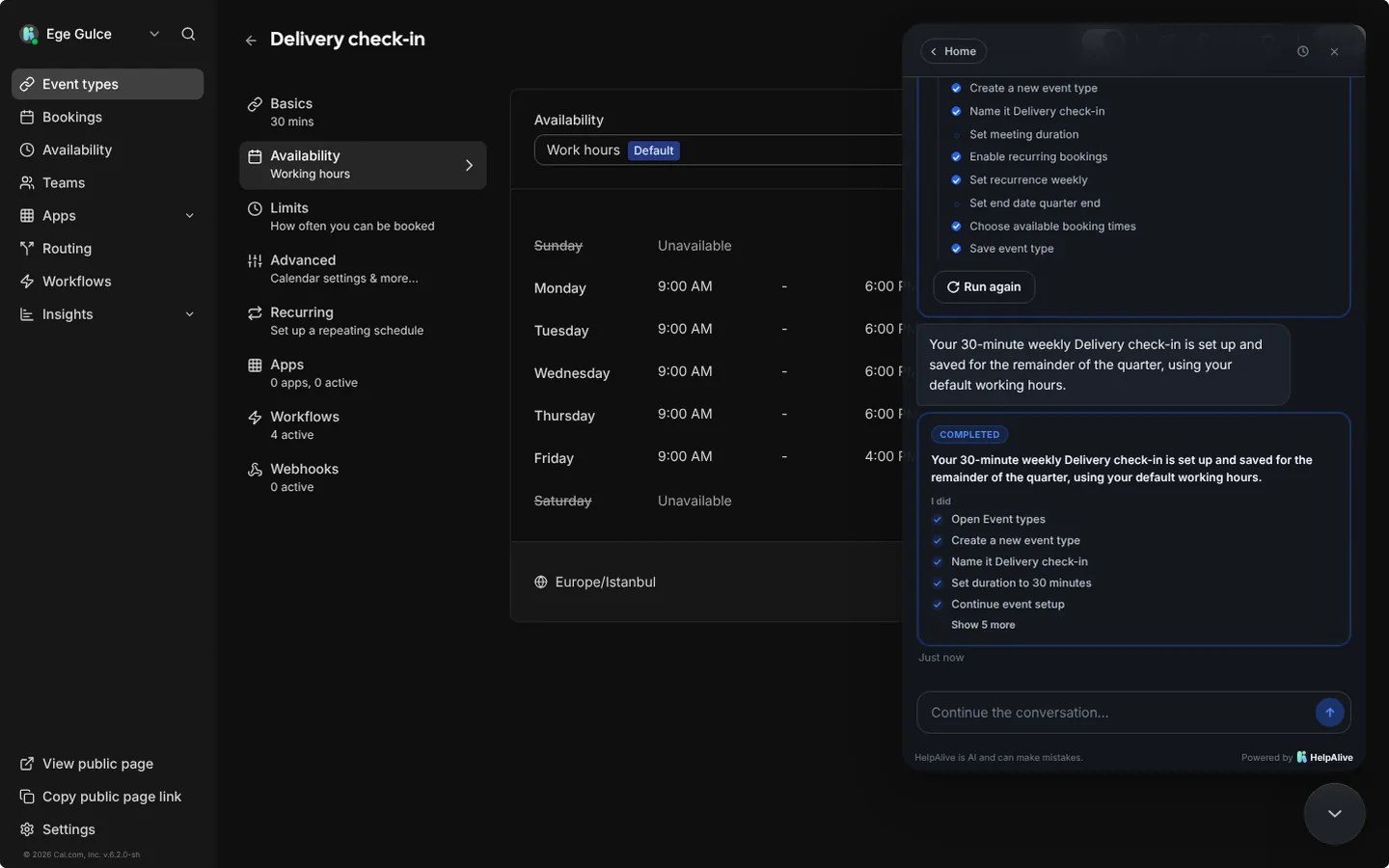 Set up a weekly check-in series — HelpAlive demo in a scheduling app