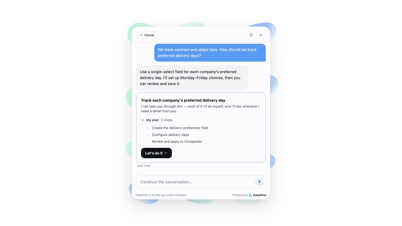 Actual HelpAlive demo: a generated three-step plan for delivery preferences.
