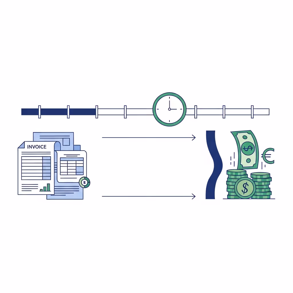 A clean, modern business illustration showing the concept of accounts receivable and cash flow timing. Show a calendar or timeline with invoices on one end and money/cash flowing in on the other end, with a gap in between representing the waiting period. Use a professional color palette with blues and greens. Include visual elements like documents, coins or currency symbols, and a clock or calendar to represent the time dimension. Minimalist, flat design style suitable for a financial blog post.