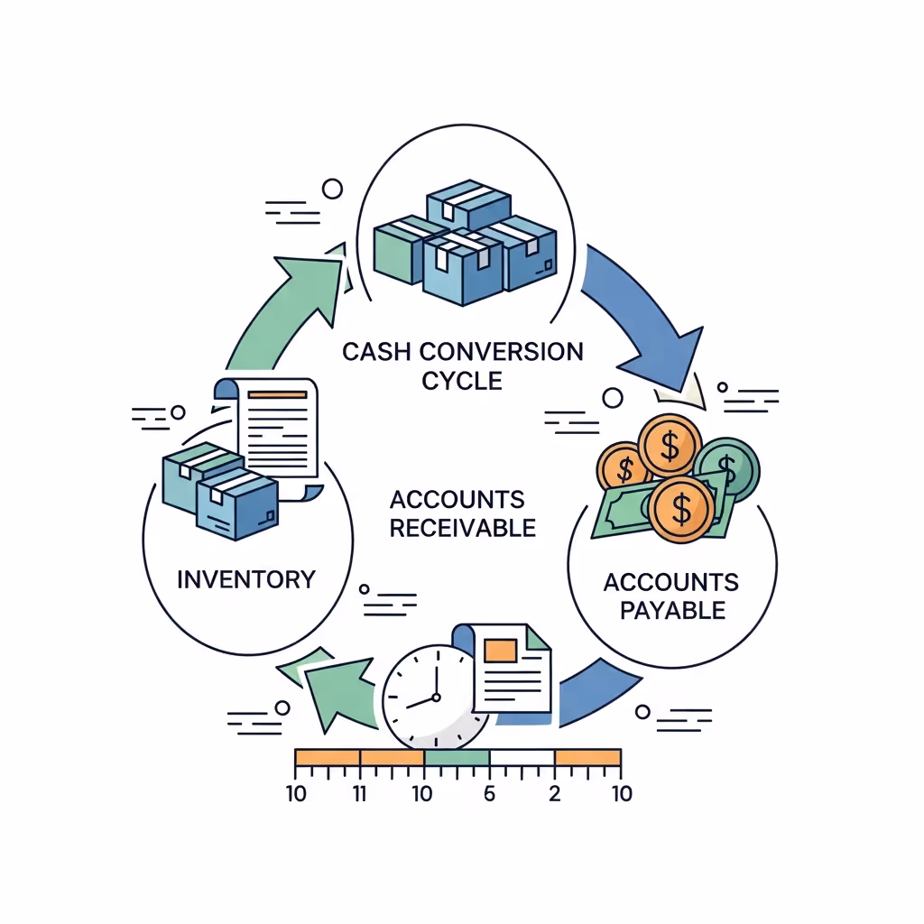 A clean, modern business illustration showing the cash conversion cycle as a circular flow diagram. Show three connected stages: inventory (represented by boxes or products), accounts receivable (represented by invoices or documents), and accounts payable (represented by payment or money symbols). Use arrows to show the flow between stages. Include a clock or timeline element to represent the time dimension. Use a professional color palette with blues, greens, and subtle oranges. Minimalist, flat design style suitable for a financial blog post. No text or letters in the image.
