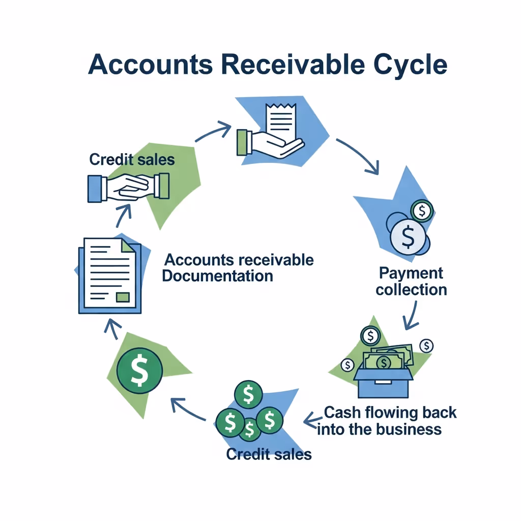 A clean, modern business illustration showing the accounts receivable cycle as a flowing circular diagram. Show invoices moving through stages: credit sales at the top, flowing to accounts receivable documentation, then to payment collection, and cash flowing back into the business. Use professional blue and green tones with simple icons representing invoices, dollar signs, and arrows showing the cyclical flow. Minimalist flat design style, no text or letters, business infographic aesthetic