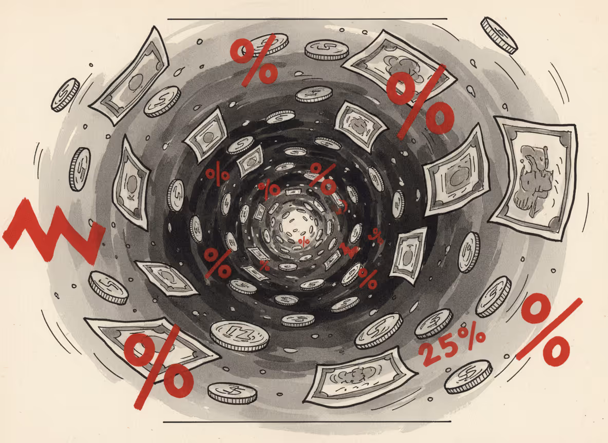 A visual metaphor showing a downward spiral of financial pressure, with stacked coins or currency bills spiraling downward in a vortex pattern, contrasted with red warning indicators and percentage symbols floating in the space, representing mounting debt and interest charges, professional business illustration style, clean and modern aesthetic