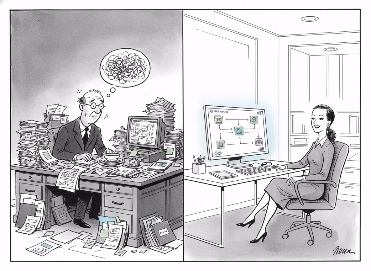 A professional business illustration showing a contrast between chaos and efficiency in accounts receivable management, featuring on one side a cluttered desk with overwhelming spreadsheets, sticky notes, and stress indicators, and on the other side a clean streamlined automated workflow with organized digital systems and smooth processes, rendered in a modern flat design style with blues, grays, and green accents showing transformation from manual to automated
