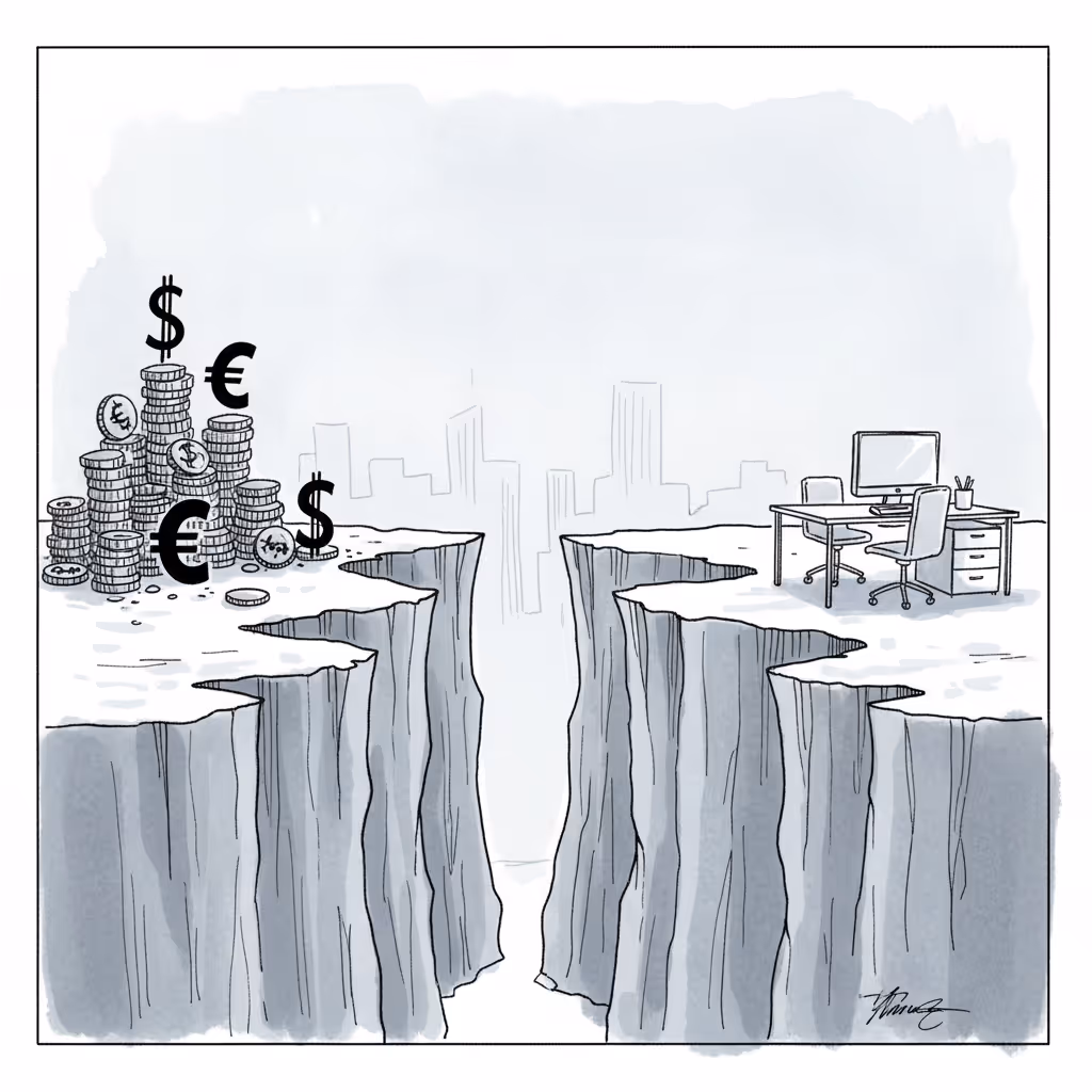 A minimalist business illustration showing a growing gap or widening canyon between two cliffs, with coins or money symbols on one side representing earned revenue and an empty business office or workspace on the other side representing delayed cash flow. Use a clean, professional color palette with blues and grays. The visual should convey the concept of distance and separation in a financial context, showing the problematic gap that grows over time.
