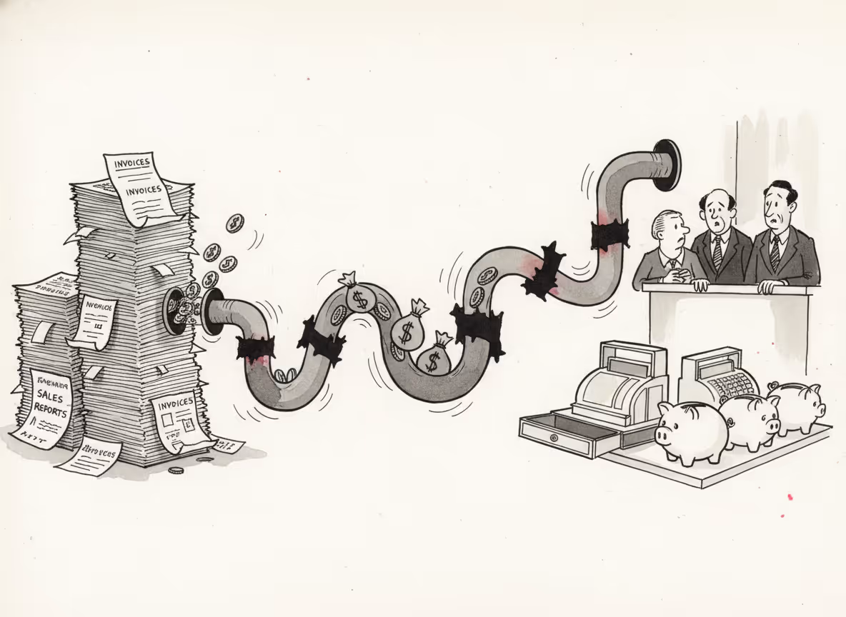 A professional business illustration showing a metaphorical representation of cash flow problems - visualize money or coins flowing slowly through a winding, obstructed pipe or channel with bottlenecks and blockages. On one side show healthy revenue symbols (invoices, sales documents) stacking up, while on the other side show a business office with empty cash registers or piggy banks. Use a clean, modern color palette with blues, grays, and touches of red to indicate problem areas. The style should be minimalist and professional, conveying the concept of money being earned but not accessible.