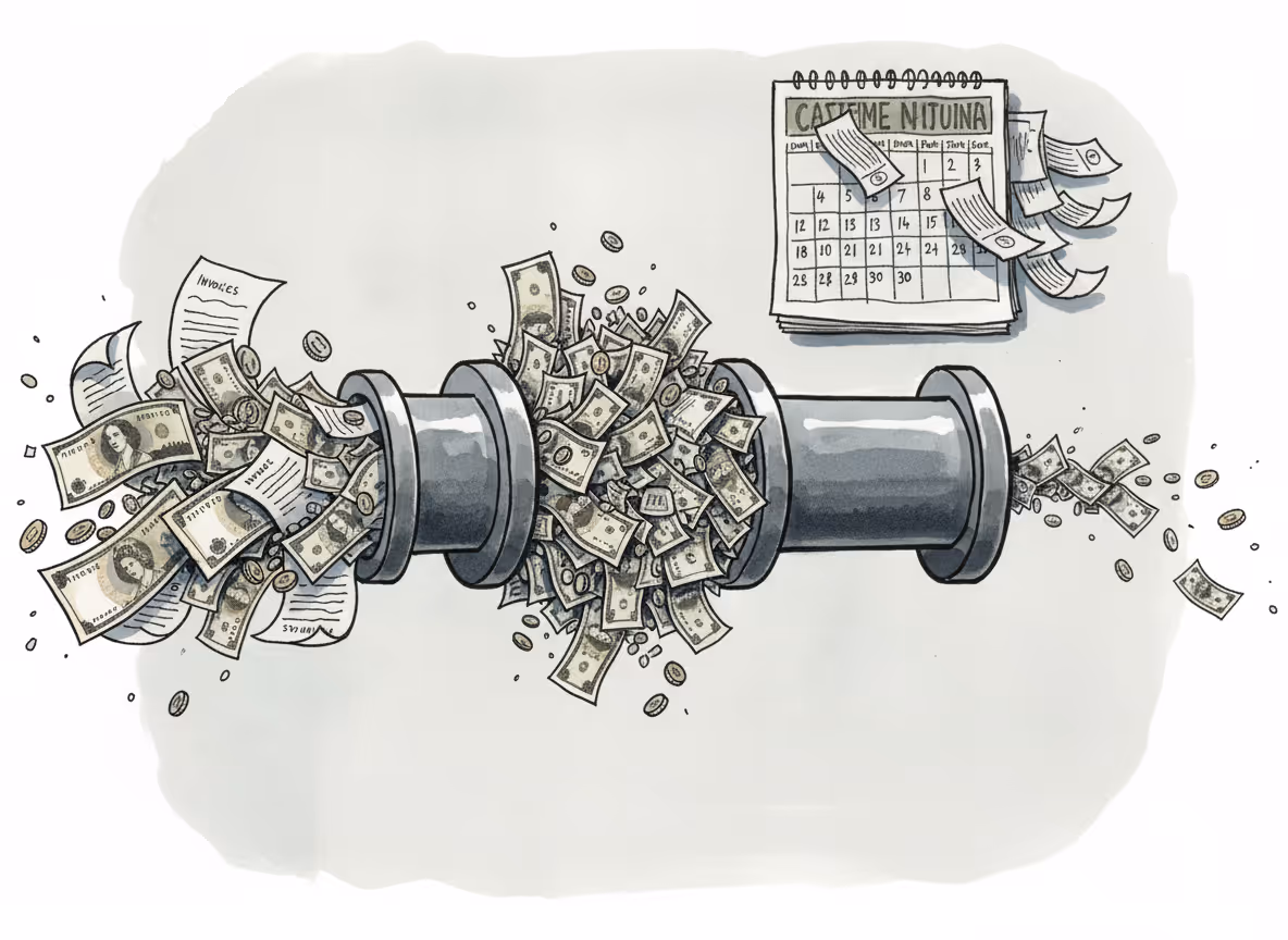 A business concept illustration showing cash flow bottleneck: money and invoices flowing through a pipeline that narrows and gets clogged in the middle, with British pound notes and coins stuck in the bottleneck, while a calendar in background shows days passing. Modern minimalist style with blue and green tones, professional financial illustration showing the concept of delayed payments and working capital trapped in accounts receivable.