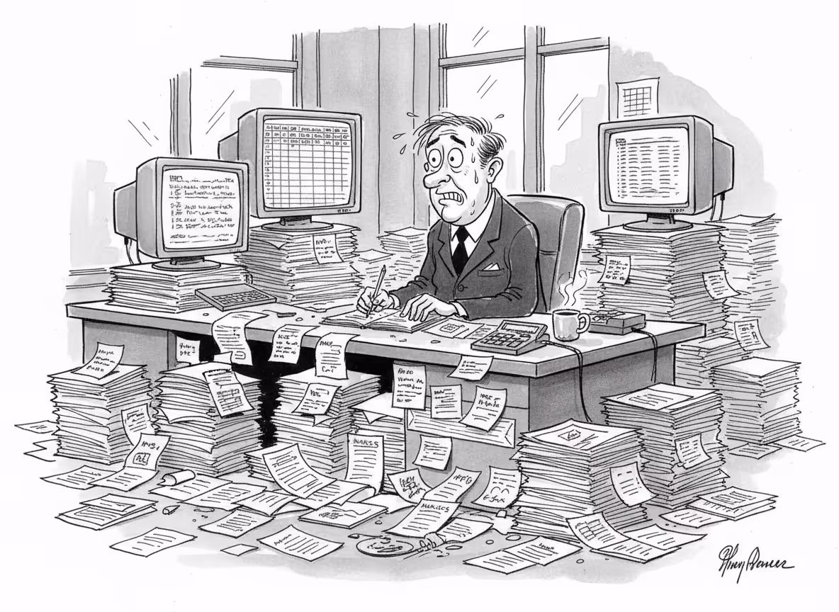 A stressed finance professional at a desk overwhelmed by stacks of paper invoices and documents, with multiple computer screens showing spreadsheets, inbox overflowing with emails, coffee cup, calculator, sticky notes everywhere. Modern office setting with natural lighting. Photorealistic business illustration style showing the chaos and burden of manual invoice processing work.