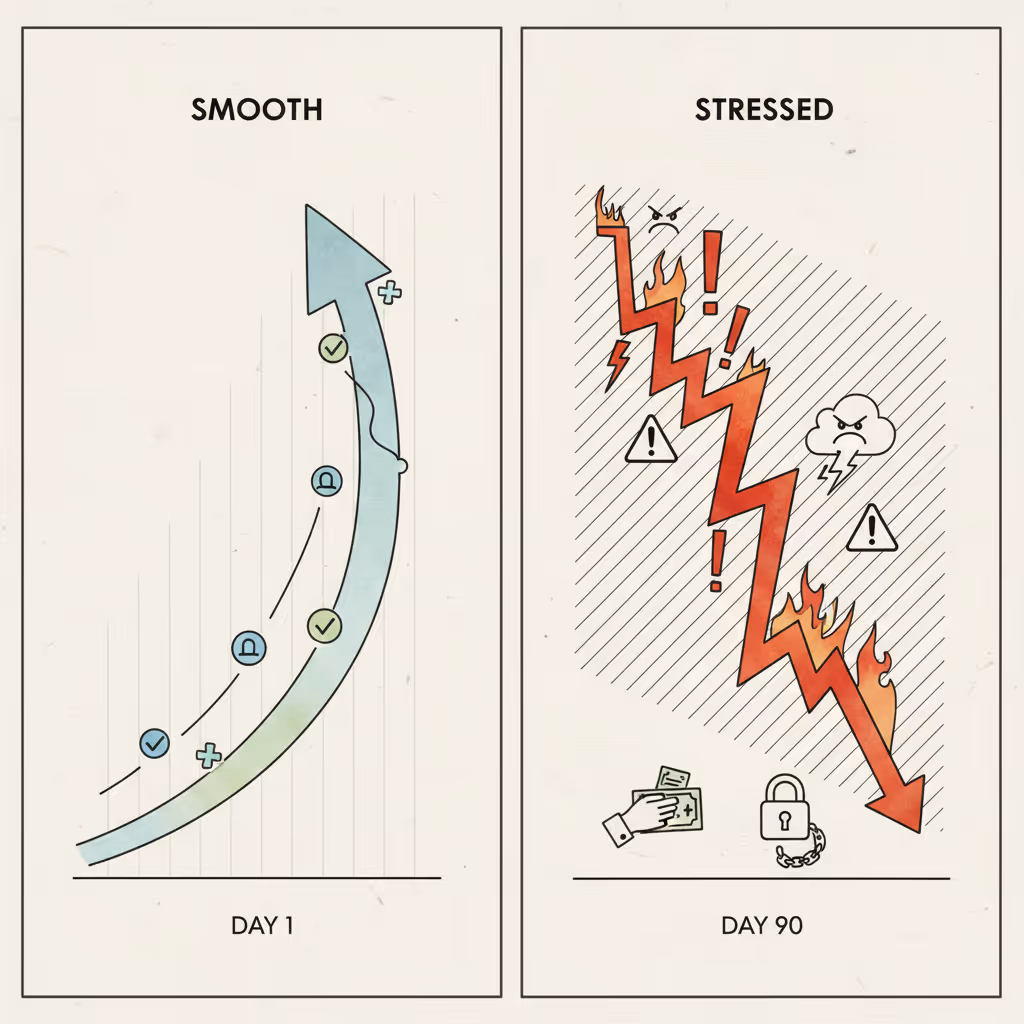 A clean business illustration showing a timeline comparison: on the left side, a smooth upward arrow starting from day 1 with friendly checkmarks and automated notification icons in blue and green tones; on the right side, a stressed timeline starting at 90 days with warning symbols and urgent collection imagery in red and orange tones. Modern, minimal corporate style with a professional color palette. No text, words, or letters.