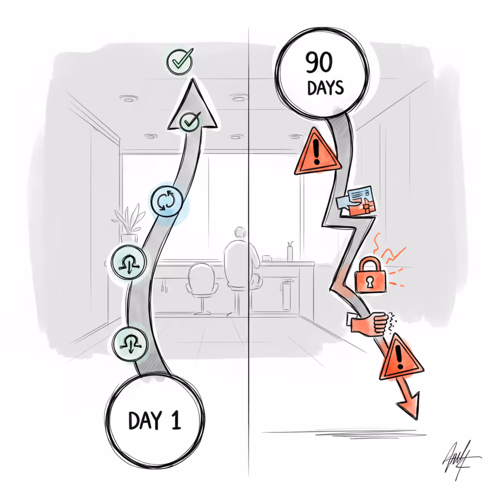 A clean business illustration showing a timeline comparison: on the left side, a smooth upward arrow starting from day 1 with friendly checkmarks and automated notification icons in blue and green tones; on the right side, a stressed timeline starting at 90 days with warning symbols and urgent collection imagery in red and orange tones. Modern, minimal corporate style with a professional color palette.