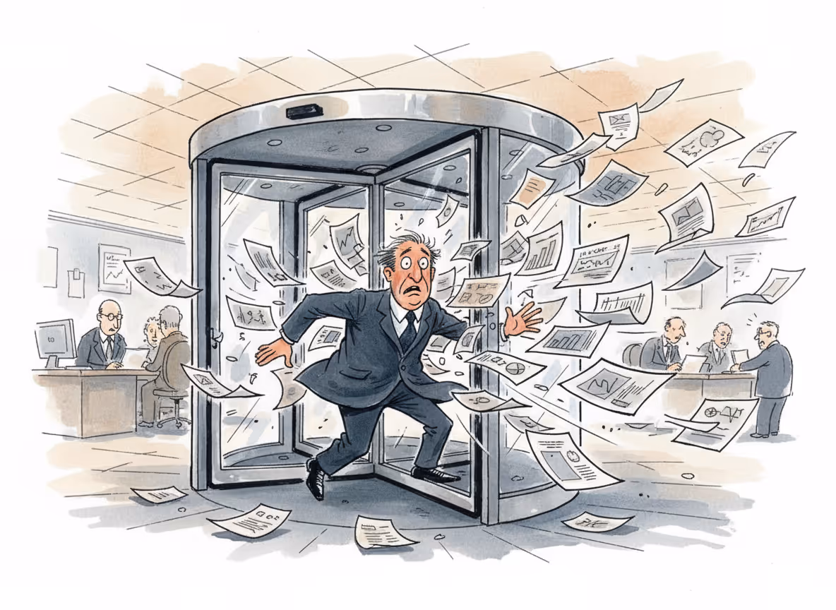 A professional business illustration showing a revolving door with papers and documents flying out, representing the loss of institutional knowledge and turnover in offshore teams. The scene should convey the frustration and chaos of constantly replacing team members, with floating invoices, customer files, and business documents scattered in the air. Use a clean, modern style with muted business colors like navy blue, gray, and subtle orange accents. No text or words should appear in the image.