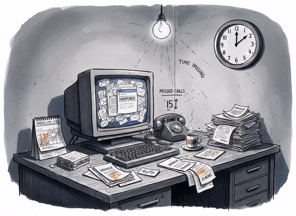 A professional business illustration showing an empty office desk with an abandoned computer workstation, scattered invoices and papers piling up untouched, and a clock on the wall showing time passing. The scene should convey abandonment and urgency, with unopened emails visible on the screen and a phone with missed calls. Use a clean, modern corporate style with muted business colors like navy blue, gray, and subtle orange accents to create a sense of concern and disruption. The atmosphere should feel tense but professional, representing the sudden absence of a team member and work left unattended.