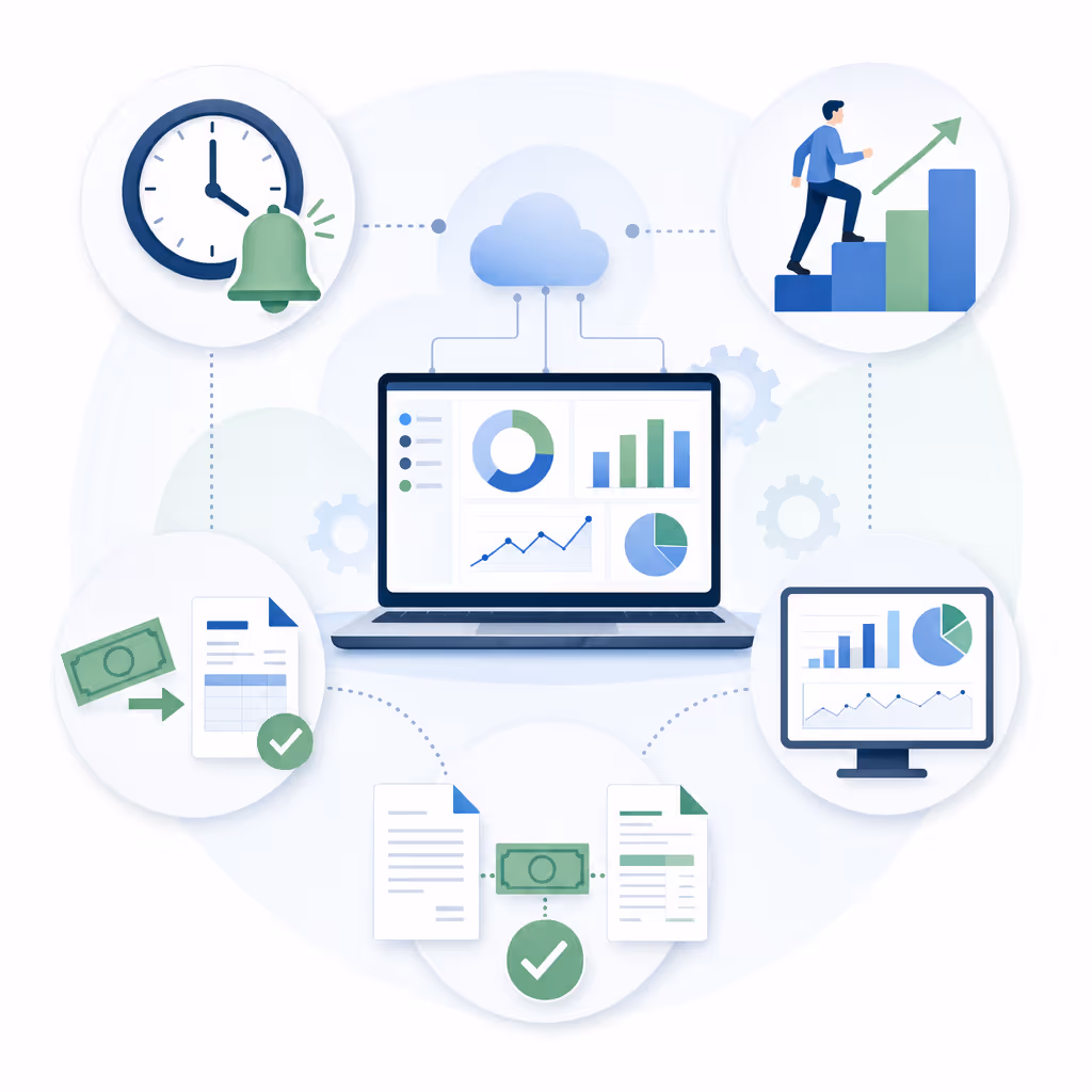 A clean, modern business illustration showing key features of accounts receivable software as interconnected elements. Depict visual symbols for: automated reminders (clock with notification bell), payment tracking (dashboard with graphs), collections workflows (ascending steps or ladder), cash application (money being matched to documents), and real-time reporting (analytics display). Use a professional color palette with blues and greens. The style should be minimalist and corporate, showing these elements as part of an integrated system or workflow. No text, words, or letters.