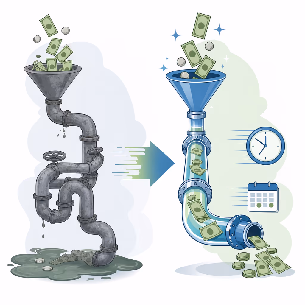 A clean, modern business illustration showing the concept of improved cash flow and faster payment cycles. Depict a visual representation of money or currency flowing smoothly through a streamlined pipeline or funnel system, with clocks or calendar elements suggesting reduced time. Use a professional color palette with blues and greens. The style should be minimalist and corporate, showing the transformation from slow, stuck cash flow to fast, efficient movement. No text or letters.
