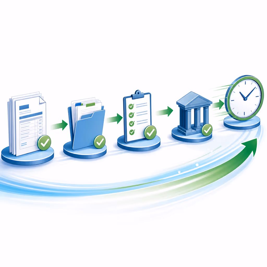 A professional business illustration showing efficient payment collection process: a streamlined workflow diagram with arrows moving smoothly from invoice to payment, featuring organized documents, checkmarks, and a clock showing reduced time. Modern, clean financial illustration style with blue and green color scheme suggesting speed and efficiency. No text or letters.