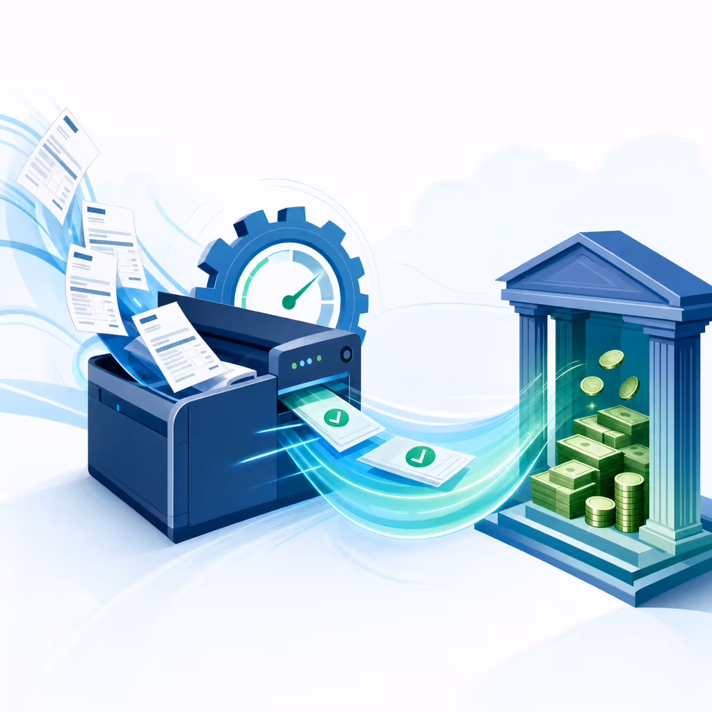 A clean, modern illustration showing automated cash flow improvement in business finance. Depict a streamlined flow of invoices moving quickly through an automated system into a bank account, with visual metaphors for speed and efficiency like arrows, flowing lines, and reduced waiting time. Use a professional color palette with blues and greens. The illustration should convey the concept of money moving faster from invoice to payment through automation. No text, words, or letters in the image.