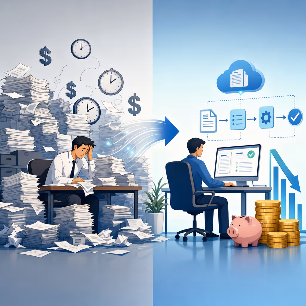 A clean, modern business illustration showing the contrast between costly manual invoice processing and efficient automation. Depict stacks of paper invoices, clock symbols showing wasted time, and dollar signs representing high costs on one side, transitioning to streamlined digital workflow with reduced costs on the other side. Use a professional color palette with blues, grays, and subtle accent colors. The illustration should convey the financial burden of manual accounts receivable processes. No text, words, or letters in the image.