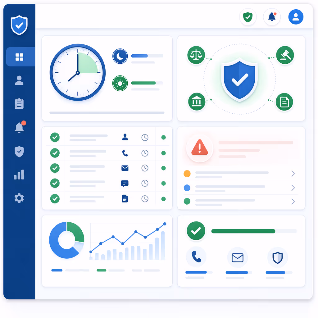 Professional compliance monitoring dashboard interface showing automated regulatory safeguards for debt collection, featuring visual elements like clock icons for time restrictions, checkmarks for audit trails, shield symbols for legal protection, alert notifications, clean modern business software interface, blue and green color scheme, organized layout with status indicators and compliance metrics