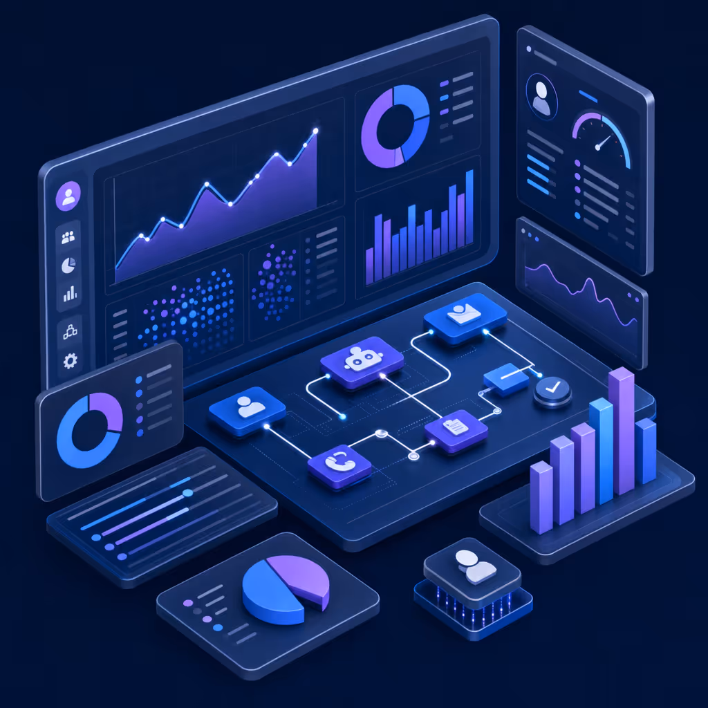 Modern AI technology dashboard for debt collection, showing predictive analytics graphs, automated workflow visualization, clean professional interface with data points and scoring metrics, blue and purple color scheme, isometric perspective, business technology illustration style