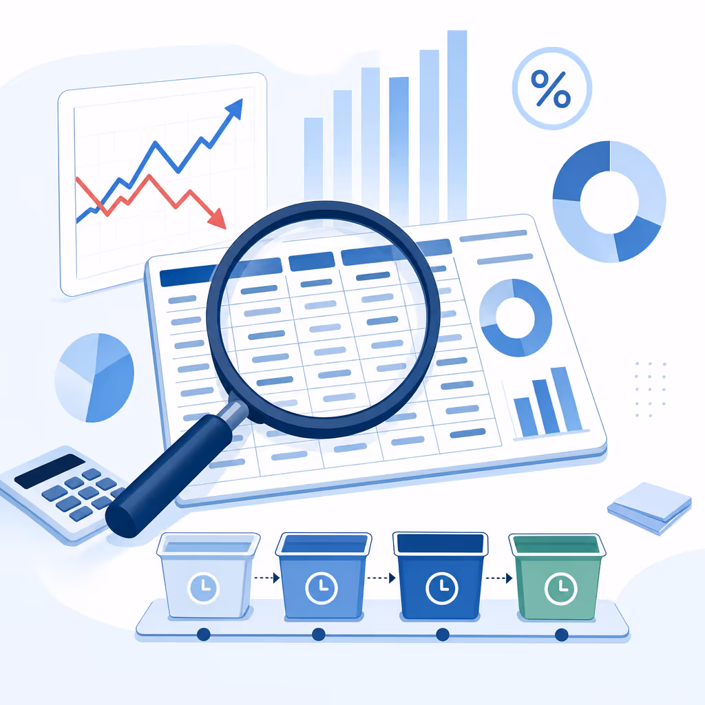 A clean, professional business illustration showing financial data analysis concept. Feature a magnifying glass examining organized columns of numbers and charts, with visual indicators like upward and downward trend arrows, percentage symbols, and aging timeline buckets. Use a modern blue and white color scheme with subtle accents. The style should be flat design or minimal isometric, conveying the concept of examining and analyzing accounts receivable aging data.