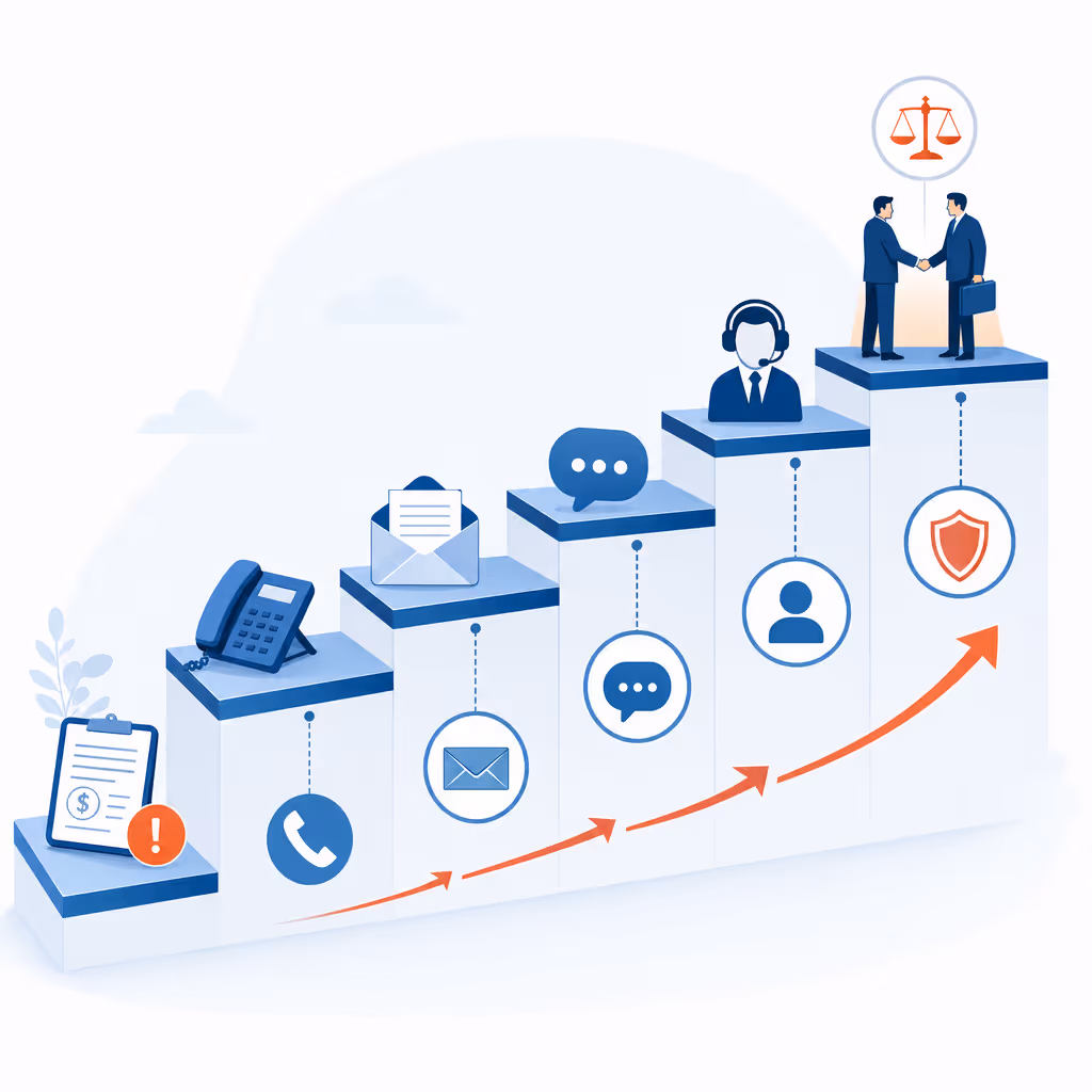 A professional business illustration showing a stepped escalation process for invoice collections. Feature a series of ascending steps or levels, each representing a different stage of follow-up action. Include visual elements like a phone icon, email envelope, and escalation arrows pointing upward. Use a clean blue and white color scheme with subtle orange or red accents for urgency indicators. The style should be modern flat design or minimal isometric, conveying the concept of systematic collection workflows and progressive action stages.