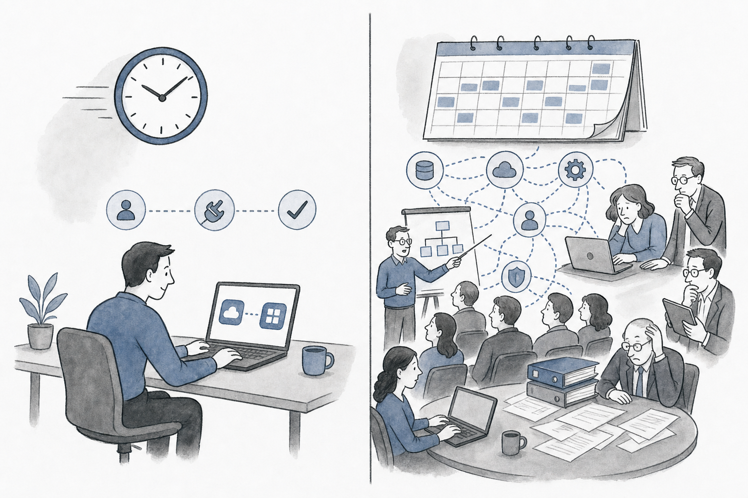 A split comparison illustration showing two business setup scenarios: on one side, a quick and simple onboarding process with a single person connecting software in minutes with minimal steps and a fast clock; on the other side, a complex multi-week implementation with multiple people, extensive training sessions, numerous integration points, and a slow calendar. Modern, clean business illustration style with professional blue and gray tones. No text or letters.