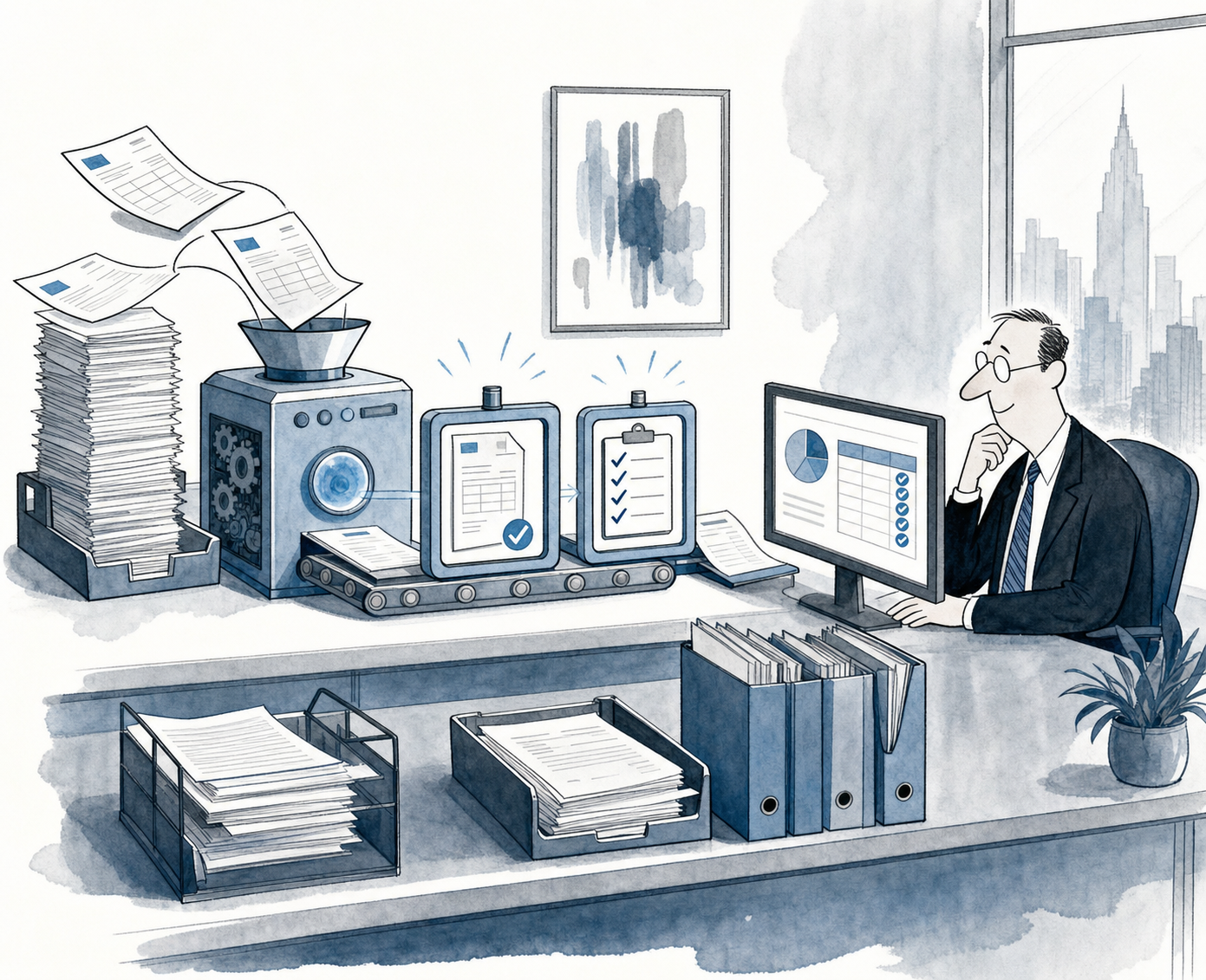 A business desk scene showing accounts receivable workflow automation, with incoming invoices being processed automatically through a system, checkmarks appearing on completed tasks, and organized payment tracking. Clean, modern illustration style with professional blue tones. No text or letters.