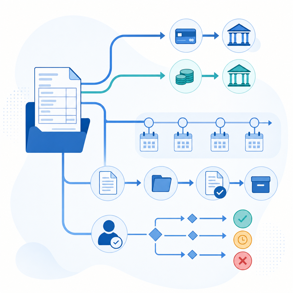 Professional business illustration showing complex payment processes and invoice management, featuring split payment paths, installment schedules represented as timeline steps, and document workflow branches, clean modern design with blue and white color scheme, minimalist flat design style, no text or letters