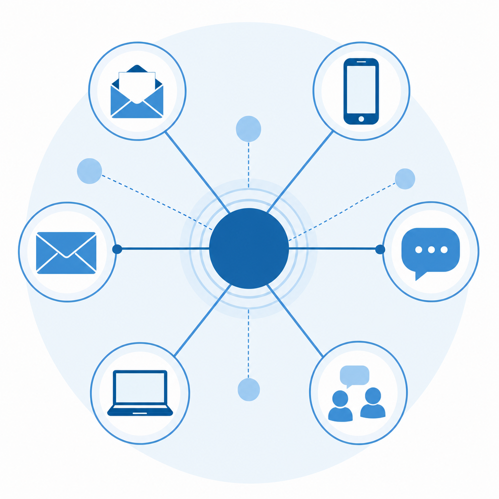 Modern business communication concept showing multiple communication channels connecting to a central point, including email envelopes, mobile phone, laptop computer, and messaging icons, arranged in a clean professional diagram style with blue and white color scheme, minimalist flat design, no text or letters