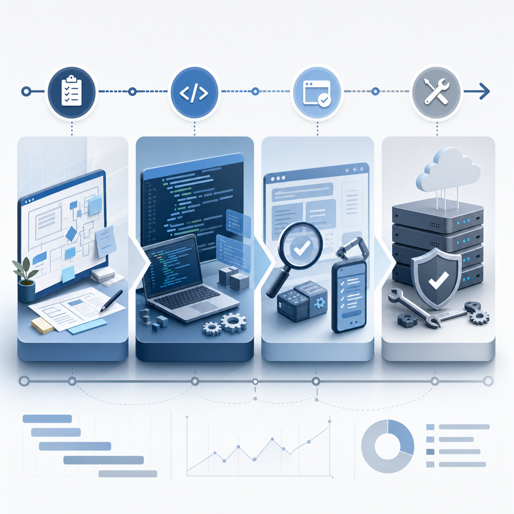 A clean, modern illustration showing a development timeline with four distinct phases represented as connected stages or milestones. The visual should convey progression through planning, building, testing, and maintenance phases. Use a professional business aesthetic with blues and grays, showing calendar or timeline elements, code symbols, and technical infrastructure imagery. The illustration should feel organized but complex, suggesting the lengthy nature of software development projects.