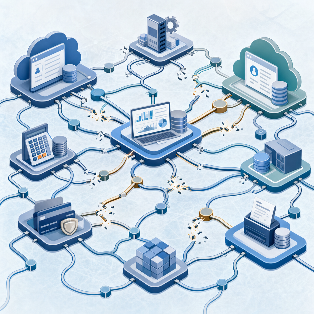 A modern, clean illustration showing multiple software systems and APIs interconnecting in a complex web. Visualize accounting software platforms, CRM systems, payment processors, and billing platforms as distinct nodes connected by flowing data lines or pathways. The connections should appear fragile or breaking in places to represent integration challenges. Use a professional business aesthetic with blues, grays, and subtle warning colors like amber for broken connections. The illustration should convey technical complexity and the challenge of maintaining multiple integrations without showing any text or labels.