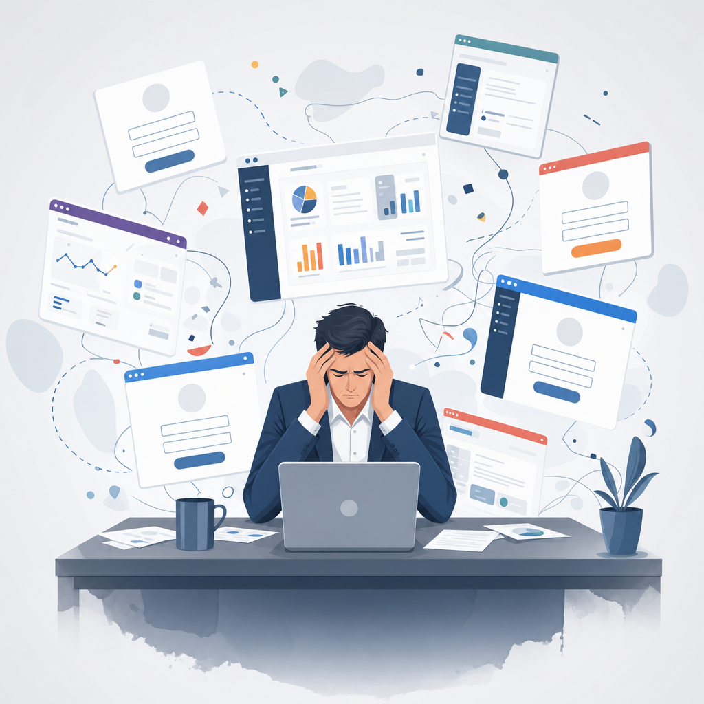 A clean, modern illustration showing multiple supplier portal login screens floating in a chaotic arrangement around a stressed business professional at a desk with a laptop. The portal screens should show generic login forms and dashboard interfaces without any readable text or words. Use a professional color palette with blues, grays, and accent colors. The style should be minimalist and slightly abstract, conveying the overwhelming nature of managing multiple systems.