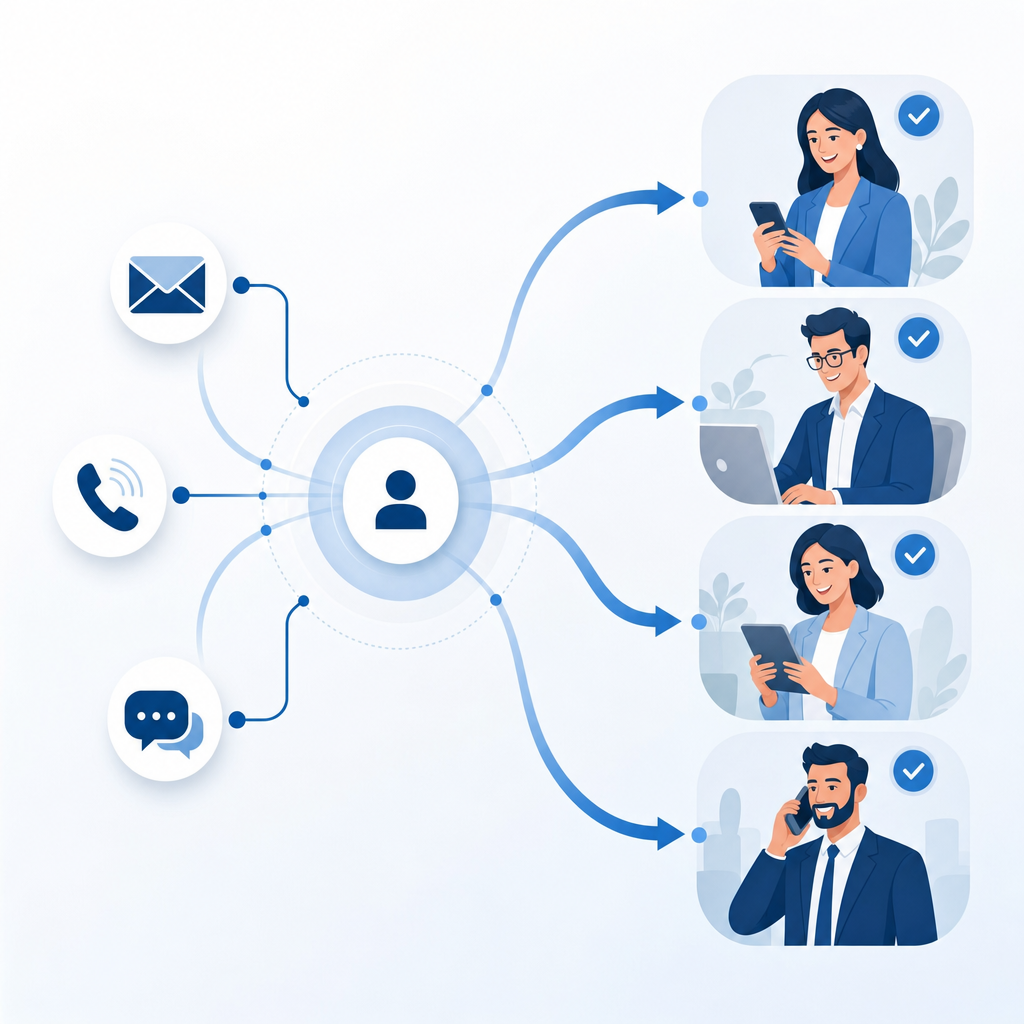 A modern, clean illustration showing multiple communication channels (email, phone, messaging) flowing seamlessly from a central hub toward happy business customers. Show abstract representations of professional communication touchpoints in a cohesive workflow. Use a professional color palette with blues and grays. The style should be minimalist and convey smooth, organized outreach without any chaos. No text or words in the image.